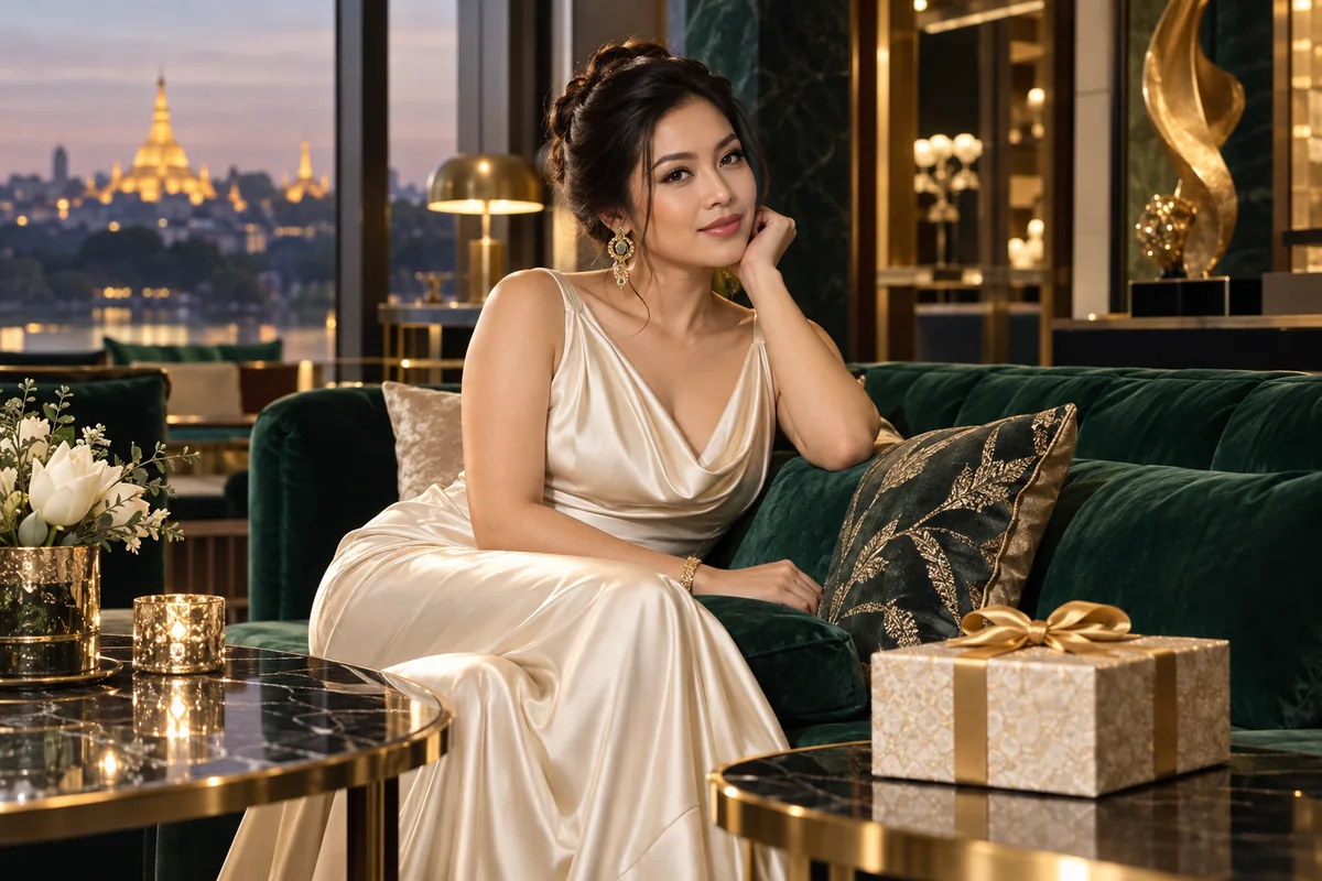 VIP lounge အတွင်း အရွယ်ရောက်ပြီးသူ အမျိုးသမီးနှင့် လက်ဆောင် — AI သရုပ်ဖော်ပုံ